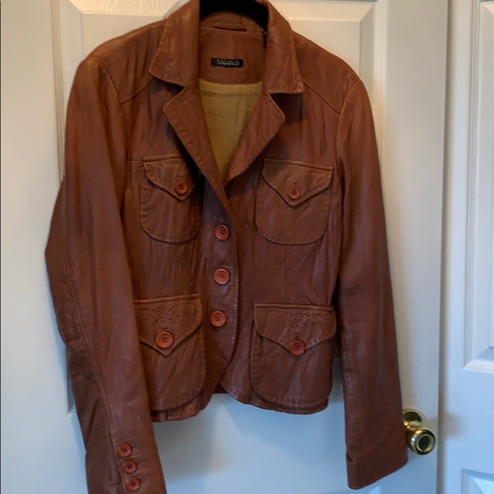 Tahari cognac genuine leather jacket, sz XS